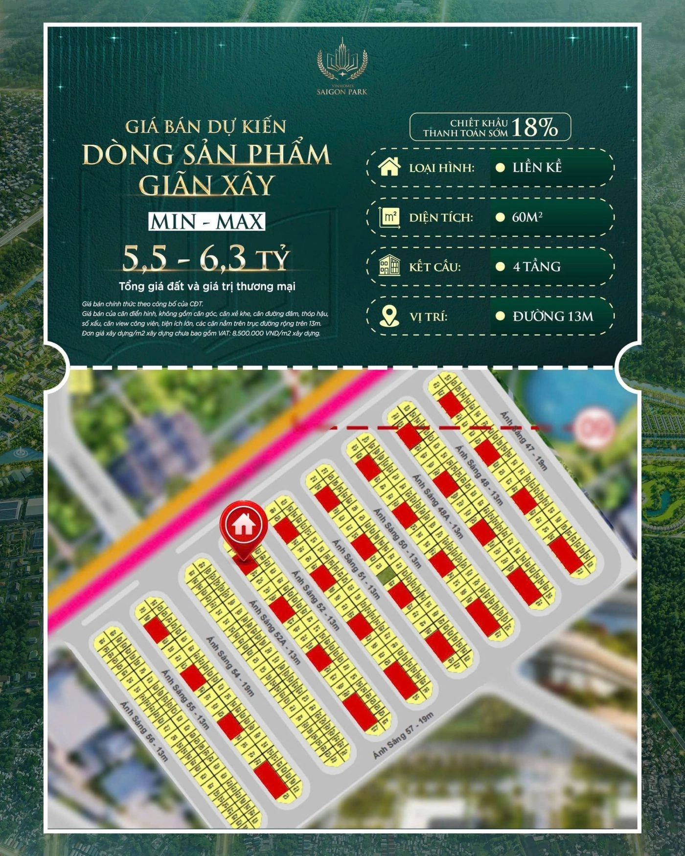Giá bán dự kiến sản phẩm liền kề giãn xây Vinhomes Saigon Park Hóc Môn chỉ từ 5.5 Tỷ