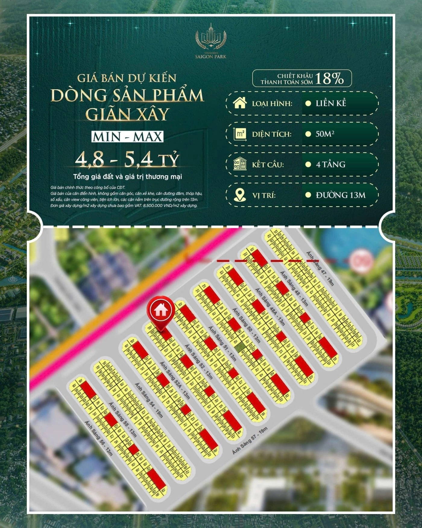 Giá bán dự kiến sản phẩm liền kề giãn xây Vinhomes Saigon Park Hóc Môn chỉ từ 4.8 Tỷ